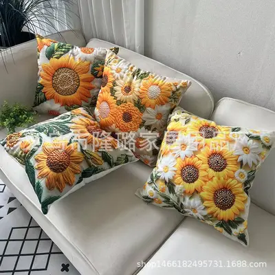 Grenzüberschreitender Frühlings- und Sommersonnenblumen-Kissenbezug mit Steppung, Sofa-Sonnenblumen-Dekokissen, neues Wohnzimmer-Plüsch-Kissen, Sonne - 5