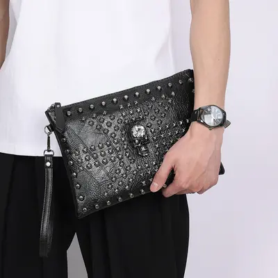 Renk Bloklu Perçinli Erkek El Çantası, Hafif Mini Clutch - 4