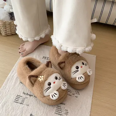 Sevimli kedi peluş kadın terlik, kış, yumuşak taban