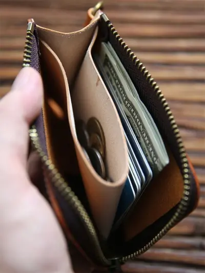 Handmade Retro Men's Wallet, Genuine Full-Grain Cowhide Leather, Short Zipper, Vertical - 5