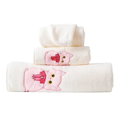 Cartoon cat coral velvet towel set, three-piece