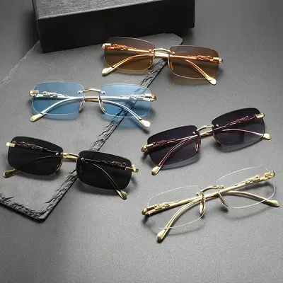 Frameless Cut-Edge Men's Sunglasses with Small Leopard Temple Design - 1