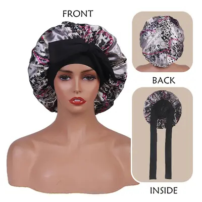 Printed Elastic Satin Bonnet with Bow, Double-Layer Reversible - 7