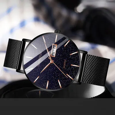 Men's quartz watch, waterproof, dual calendar, starry sky design