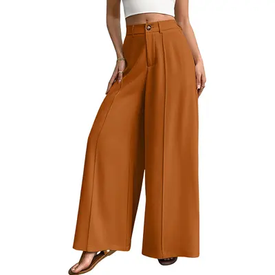 Women's Wide Leg Solid Color Long Pants, Beach Suit Trousers - 3