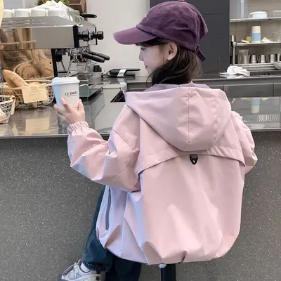 Girls' Autumn Jacket, Reversible Hooded Windbreaker for Big Kids