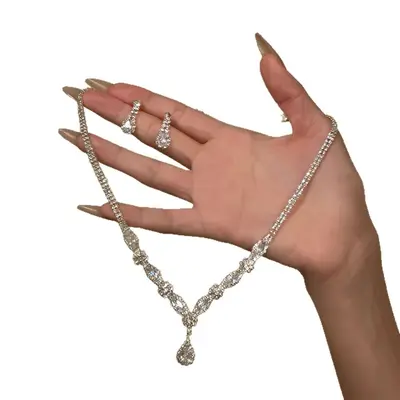 Diamond Necklace and Earring Set Silver Collarbone Chain - 6