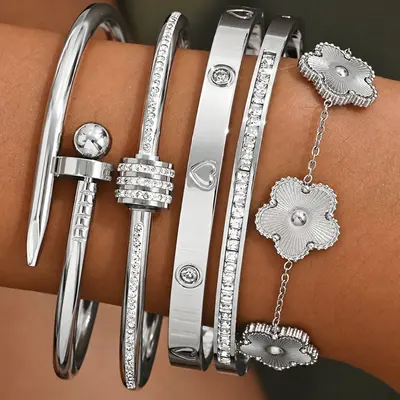 Stainless Steel Gold Bracelet Set Four-Leaf Clover Diamond - 11