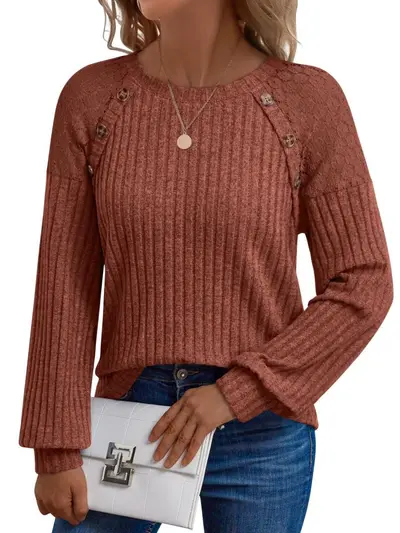 Round Neck Solid Color Hollow Button Long Sleeve Casual Top - 8