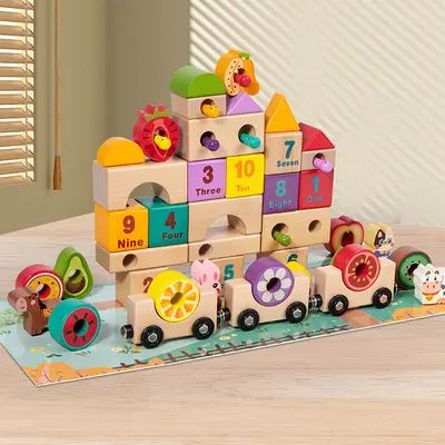 Wooden farm building blocks with number and shape recognition