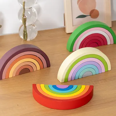 Wooden Rainbow Arch Bridge Building Blocks Toy for Toddlers, 7 Colors