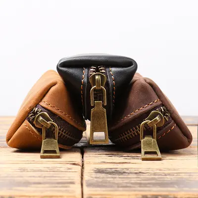 Genuine Leather Men's Coin Wallet with Crazy Horse Leather Key Case and Cowhide Hand Stora - 3
