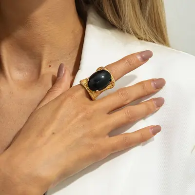 European and American Cross-border Jewelry Vintage Gradient Gemstone Open Ring Ins Retro Geometric Wide Band Ring - 7