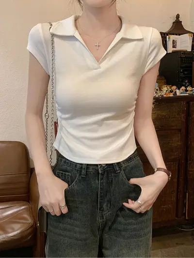 Trendy sexy girl pure desire waist wrap short sleeve t-shirt for women, summer new solid color sweater slim fit short top for women. - 11