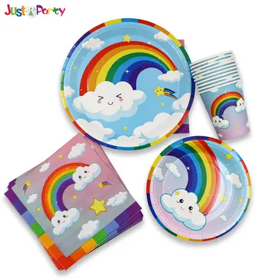 Amazon White Cloud Rainbow Одноразовый набор бумажных тарелок, бумажных стаканчиков и салфеток для детского дня рождения