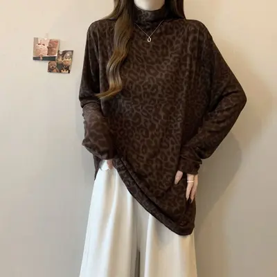 Damen-Langarmshirt mit Leopardenmuster, Halbrollkragen, große Größen, Herbst
