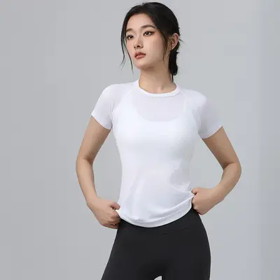 新款修身瑜伽服女运动上衣透气跑步训练健身普拉提短袖t夏季 - 12
