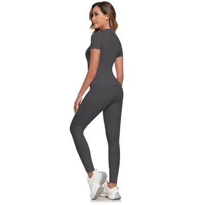 Yoga and Running Round Neck Short Sleeve Slim Fit Top and Long Pants Set - 8
