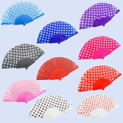 Single-Sided Fabric Polka Dot Folding Dance Fan with Plastic Ribs, White - 1