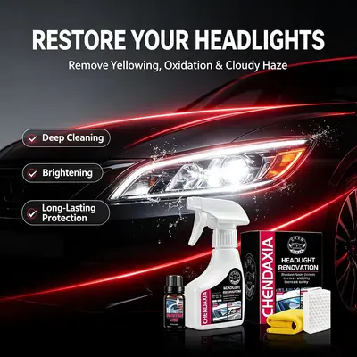 Automotive Headlight Cleaning and Restoration Spray Kit - Vehicle Lamp Cover Yellowing Removal Without Sanding, Polishing and Cleaning Solution Set