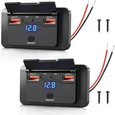 New Car Bus Modified Vehicle Charger Dual QC+ Dual PD Digital Voltmeter Push Button Switch