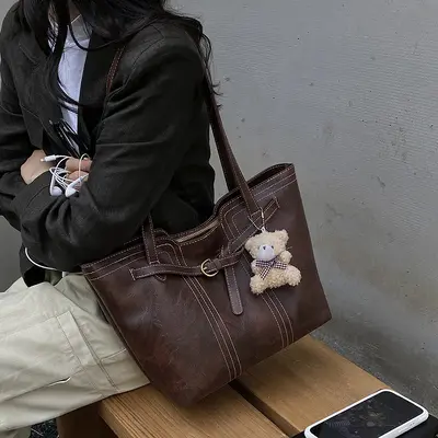 Retro Large Women's Tote Bag, Oil Wax Leather Look, Single Shoulder Underarm Style - 4