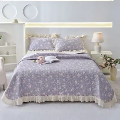 Fransız retro çiçekli %100 pamuk yatak örtüsü takımı, 3 parça, dantelli