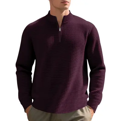 Cross-border independent station autumn and winter American plain everyday men's loose jacquard stand collar half-zip inner shirt sweatshirt for men