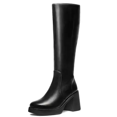 W 32188 Black Square Toe Chunky Heel Knee Boots - 7