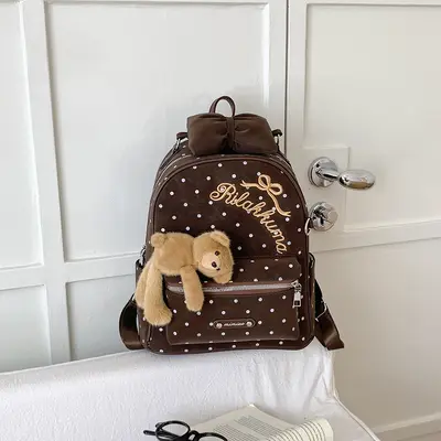 Large Capacity Polka Dot Backpack with Bear Design, 2026 Model, School and Travel - 9
