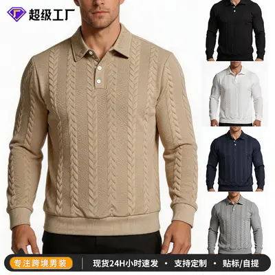 Cross-border KT Men's Lapel POLO Shirt, European and American Autumn/Winter Old Money Style Heavyweight Jacquard Loose Solid Color Casual Sweatshirt