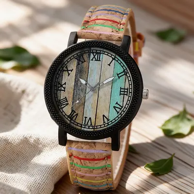 Women's watch, wooden grain leather strap, digital display - 13