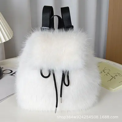 Faux Fox Fur Women's Backpack with Drawstring and Magnetic Flap - 13