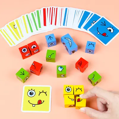 Holzgesicht-Verwandlungs-Rubik-Würfel Brettspiel Bausteine für Kinder, bunter großer Metallkasten Puzzle, Familie Denk-Lernspielzeug - 4