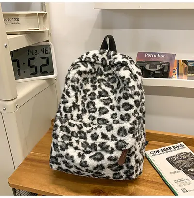 Retro Plush Leopard Print Backpack, Large Capacity School Bag - 7