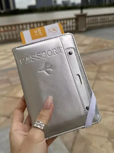 RFID passport holder, leather, silver, lightweight