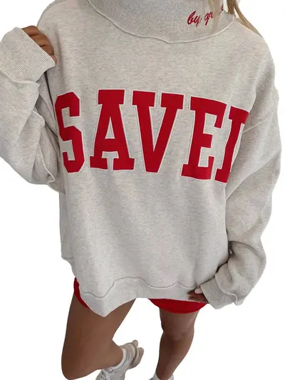 Women's Half Turtleneck Sweatshirt, Letter Embroidered Loose Fit