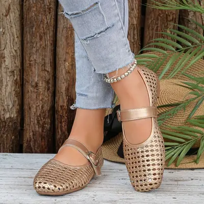 Women's Hollow Mary Jane Shoes, Woven Detail, Square Toe, Flat Sole
