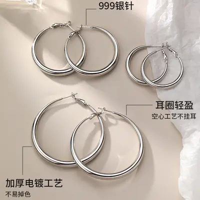 S999纯银大圆圈耳环女款小众轻奢高级感个性素圈耳扣耳饰抖音代发