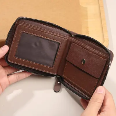 Men's Short Horizontal Tri-Fold Wallet with Zip Coin Pocket, Retro - 3