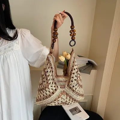 2026 Model Woven Straw Bag with Wooden Beads, Single Shoulder, Large Capacity - 4
