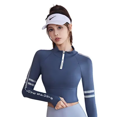 Long Sleeve Sports Top with Chest Pads and Zipper, Stand-Up Collar - 5