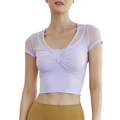 Damen Yoga-T-Shirt mit Brustpolster, Scheinzweiteiler, Kurzarm, Netzstoff