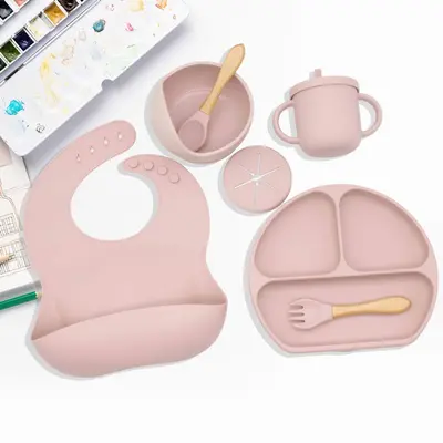 Silicone dinner plate baby bib baby bowl tableware set placemat spoon fork anti-drop snack cup set cross-border ready stock