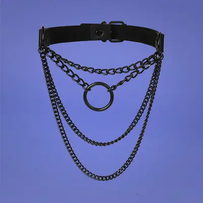 Harajuku mehrlagige schwarze Kettenhalskette mit Lederring