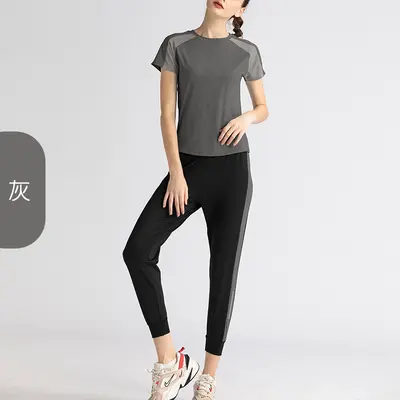 Juyitang Two-Piece Yoga Set, Mesh Short Sleeve Top and Leggings - 9