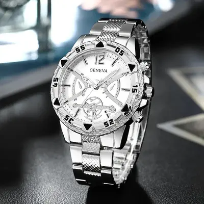 Men's wristwatch, steel strap, quartz, large dial - 12