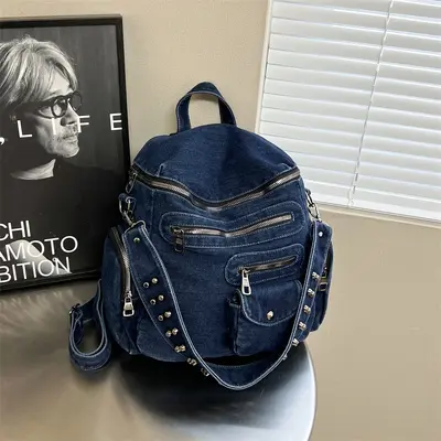Women's American Denim Backpack, Multi-Pocket, Motorcycle Style - 9