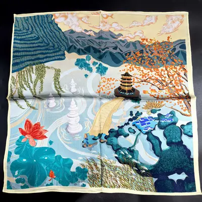 Mulberry Silk Printed Thin Summer Square Scarf - 11