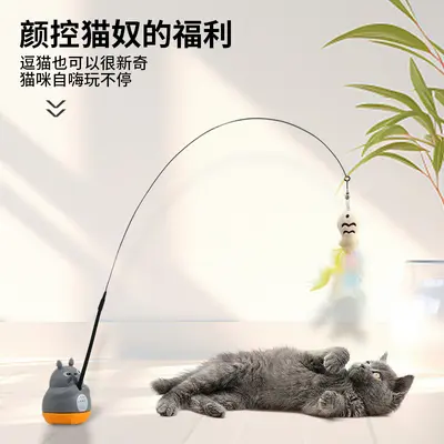 Cat Fishing Teaser Wand, Long Pole, Replaceable Feather Head with Bell - 4